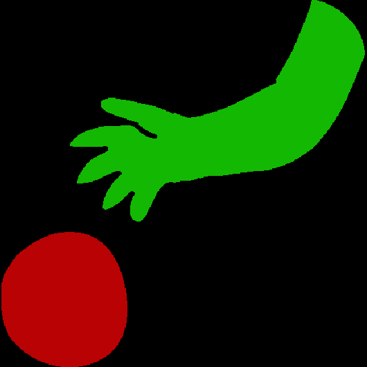 A green arm gesturing to a red circle.
